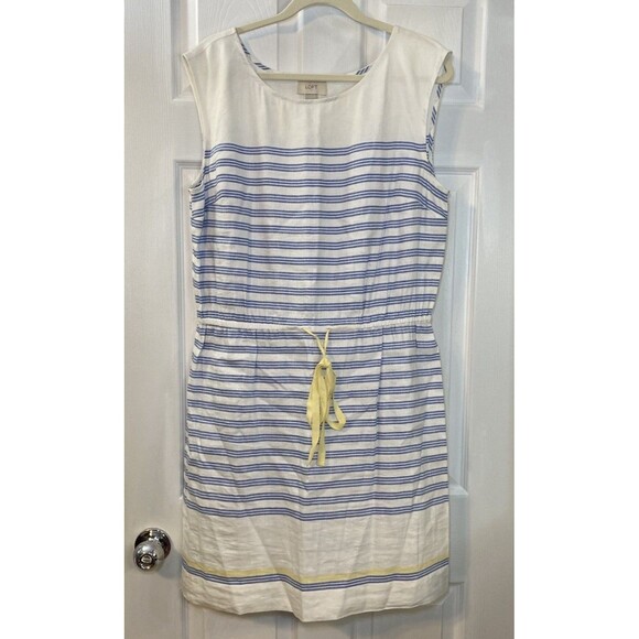 LOFT Dresses & Skirts - LOFT Blue White Yellow Striped Sheath Dress Sleeveless Linen Rayon Size 12